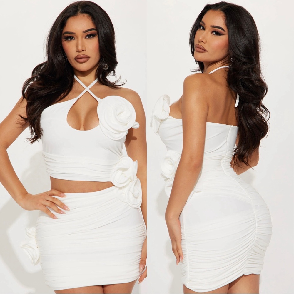 Cut Out Rose Ruched Mini Dress (White) S
